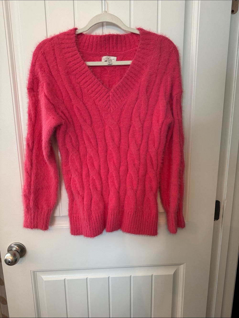 Lucky Brand Plush Cable V-Neck Sweater in Vibrant Pink